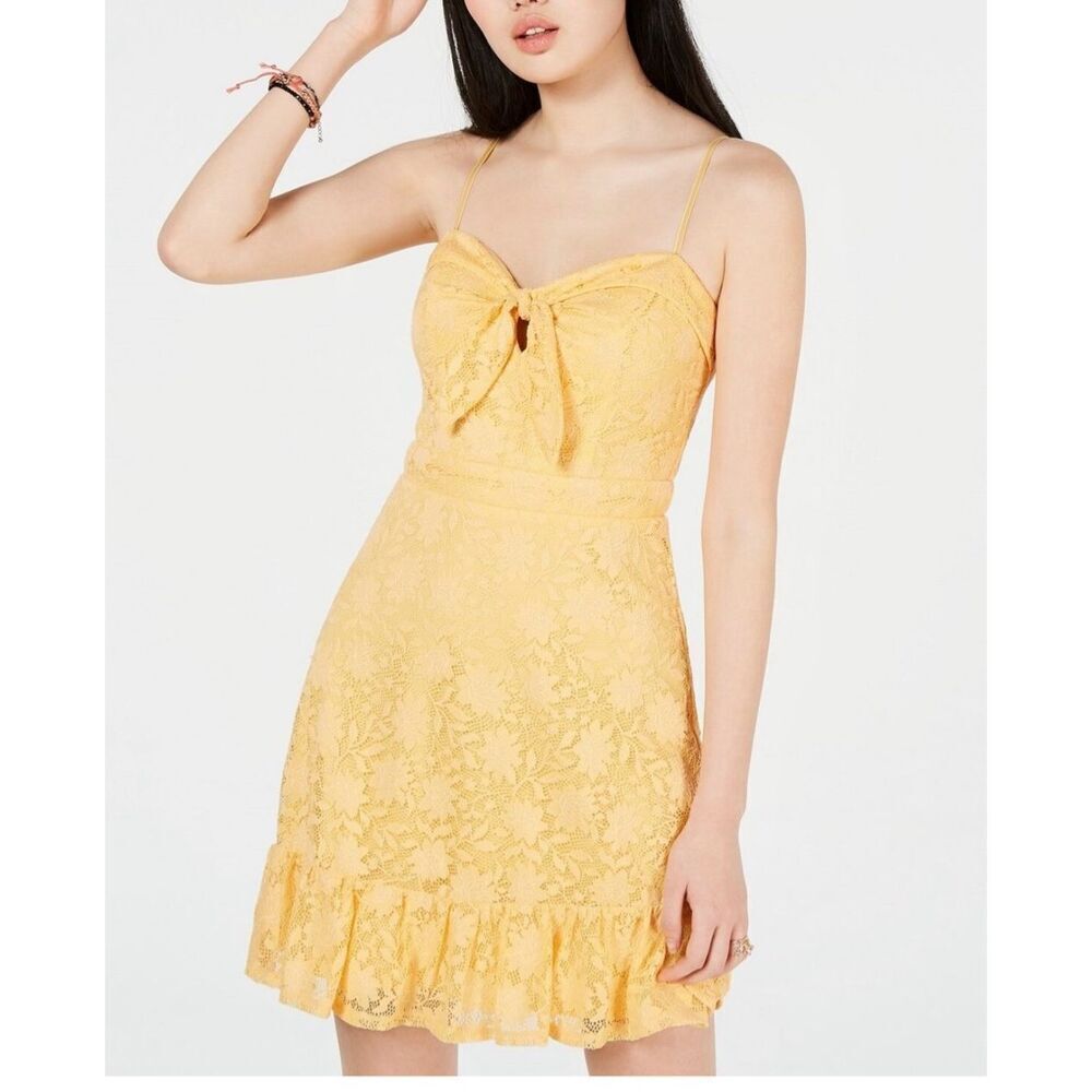 NWT City Studio Juniors Yellow Lace Overlay Ruffled yellow Mini Dress.  Size jun